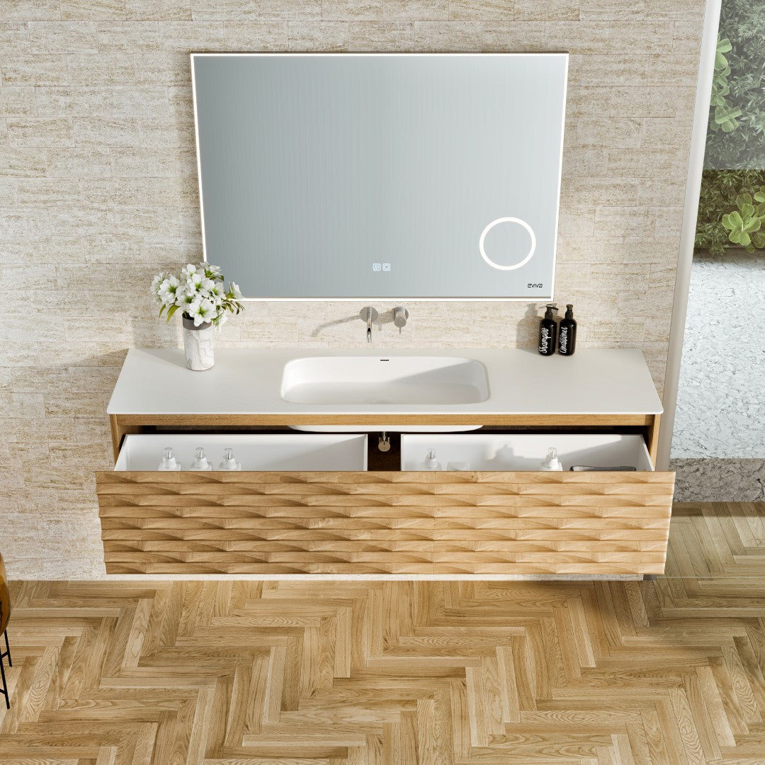 Oahu 55 in. Oak Wall Mount Single Sink Bath Vanity with Solid Surface Top and Integrated Sink