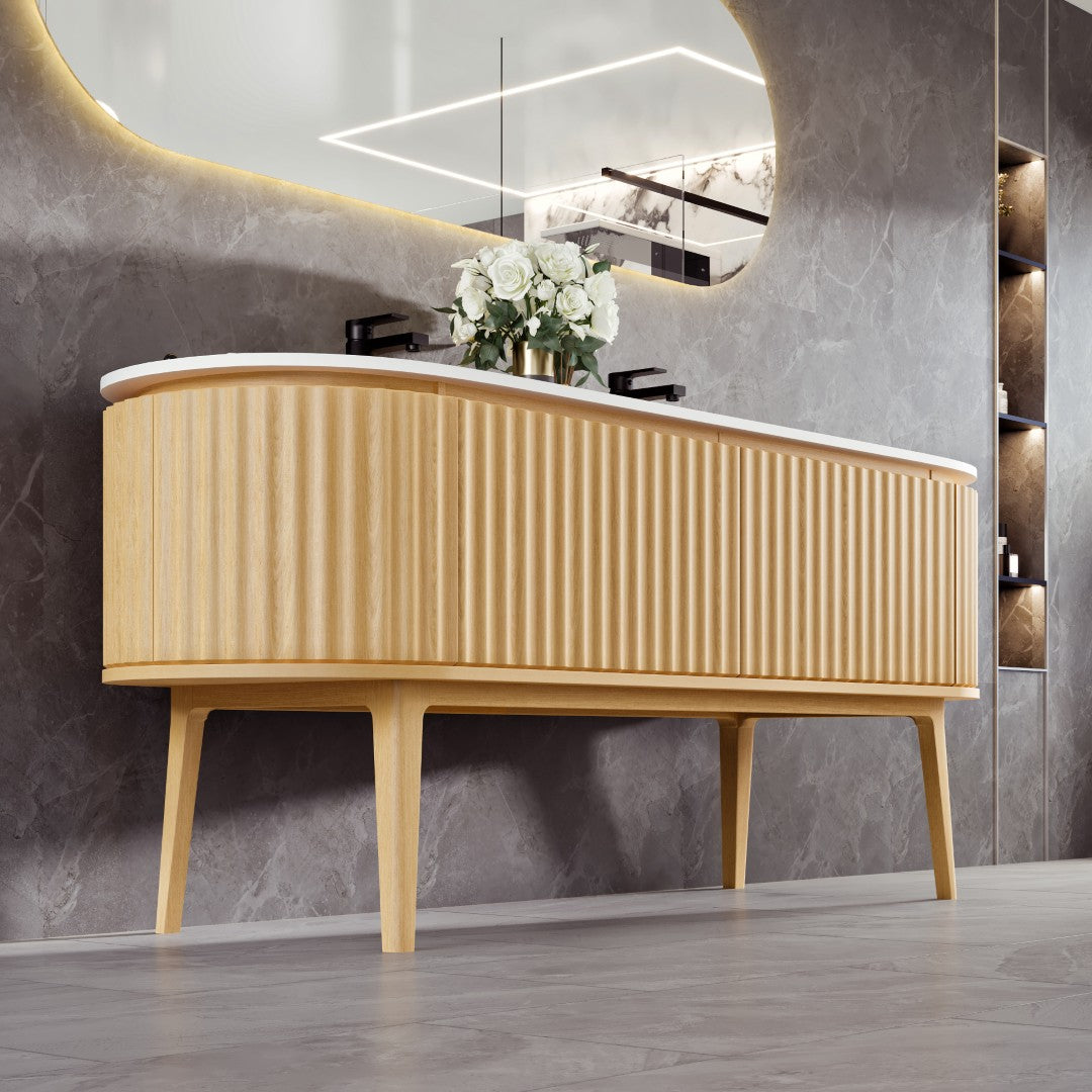 Haven 71 in. Natural Oak Double Sink  Bath Vanity with Solid Surface Top and Integrated Sinks