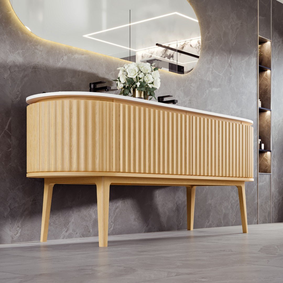 Haven 71 in. Natural Oak Freestanding Double Sink Bath Vanity with Solid Surface Top and Integrated Sinks - Bathroom Vanity by Eviva