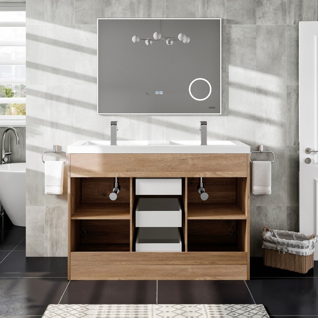 Lugano 48 in. Natural Oak Double Sink Bath Vanity with Acrylic Top and Integrated Sinks - Bathroom Vanity by Eviva