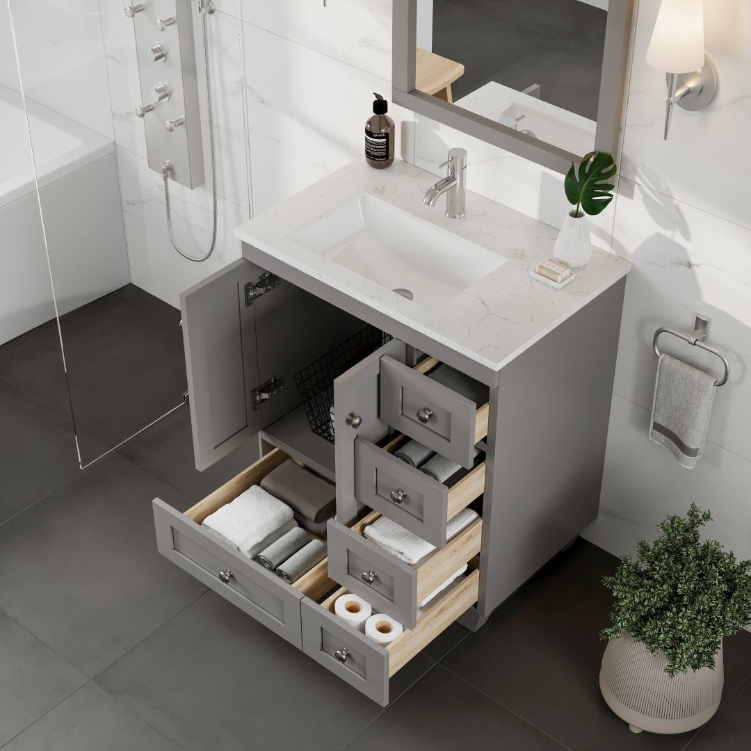 Happy 28 in. Gray Single Sink Bath Vanity with Carrara Quartz Top and Undermount Porcelain Sink - Bathroom Vanity by Eviva