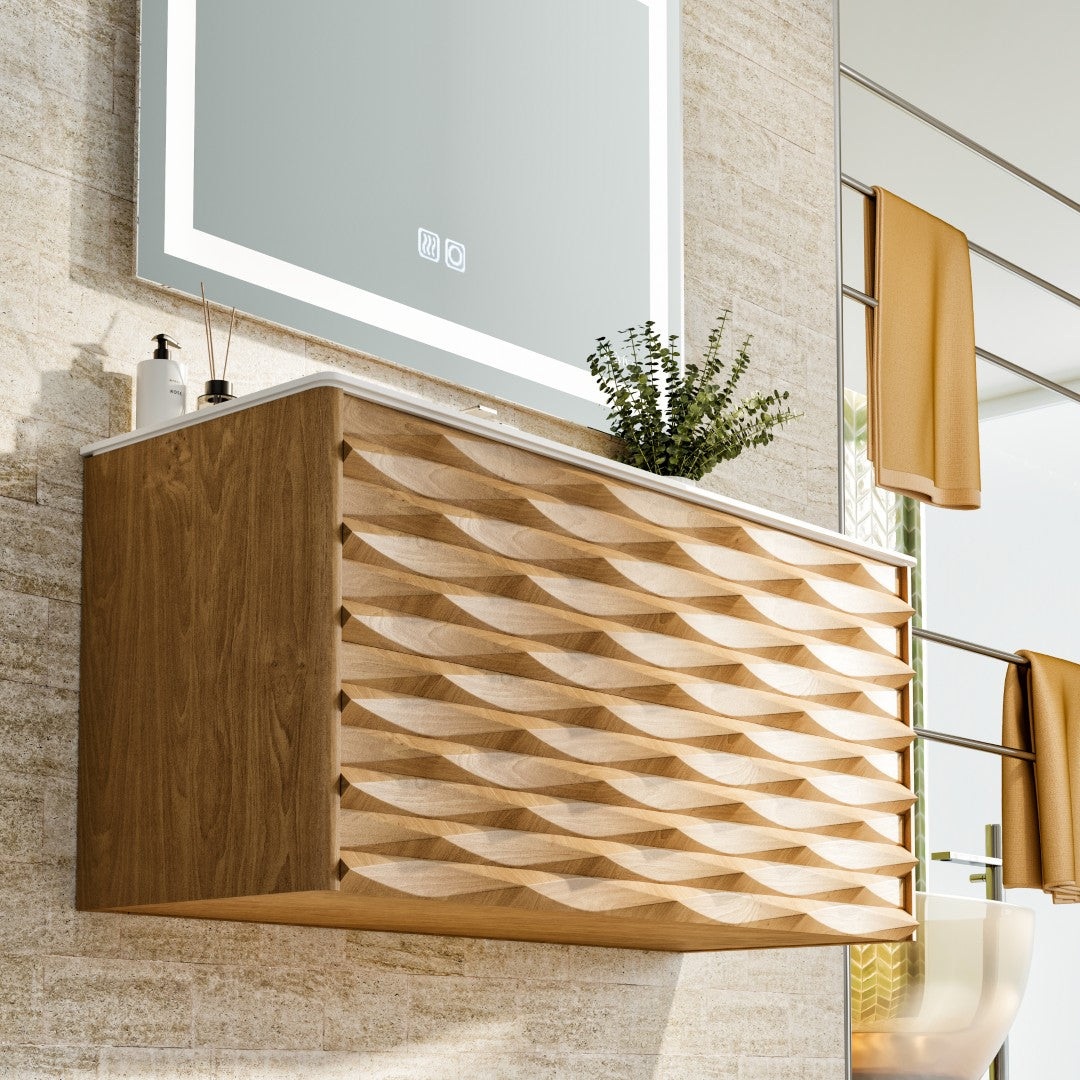 Oahu 32 in. Oak Wall Mount Single Sink Bath Vanity with Solid Surface Top and Integrated Sink