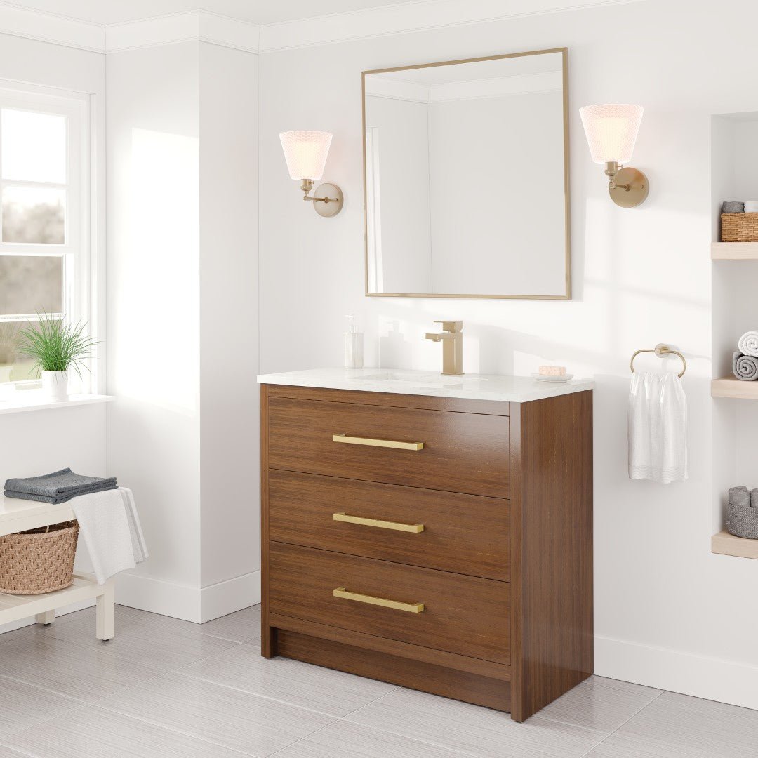 Curio 36 in. Walnut Single Sink Bath Vanity with Carrara Quartz Top and Undermount Porcelain Sink - Bathroom Vanity by Eviva