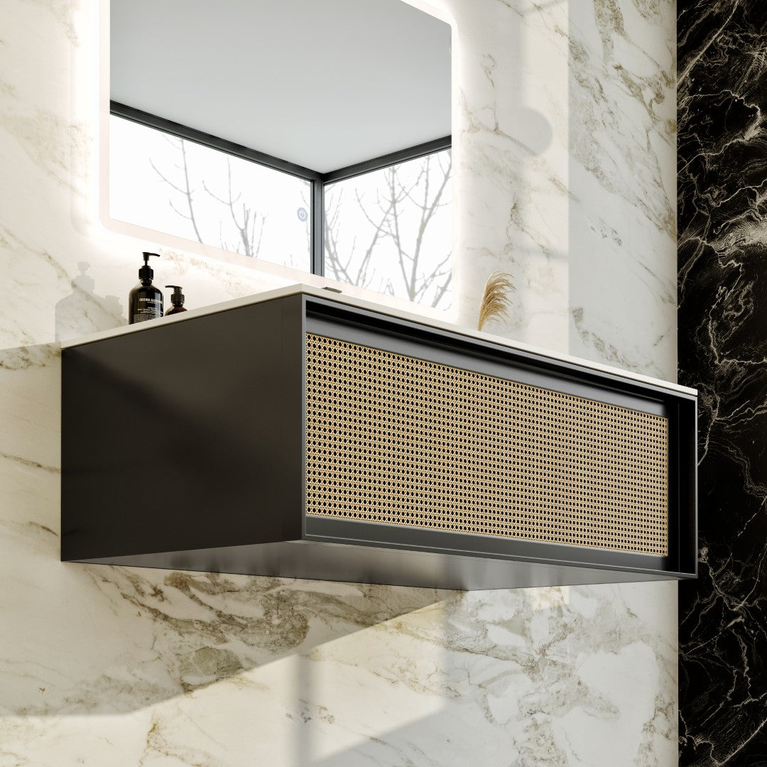 Nets 44 in. Natural Oak/Black Wall Mount Single Sink Bath Vanity with Solid Surface Top and Integrated Sink