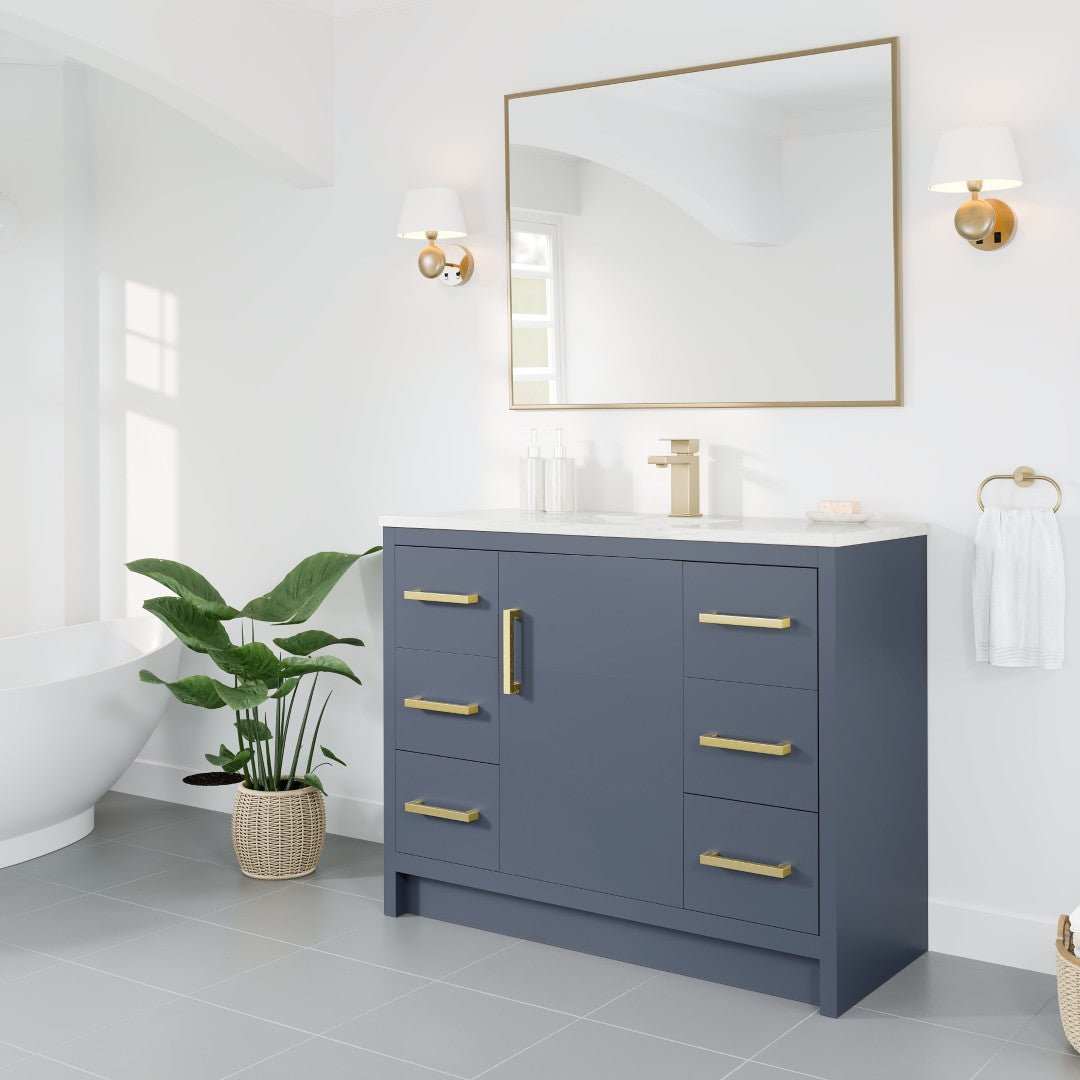 Curio 42 in. Dark Blue Single Sink Bath Vanity with Carrara Quartz Top and Undermount Porcelain Sink - Bathroom Vanity by Eviva