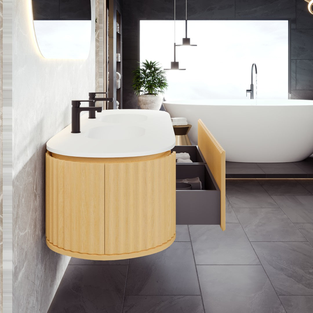 Haven 71 in. Natural Oak Wall Mount Double Sink Bath Vanity with Solid Surface Top and Integrated Sinks