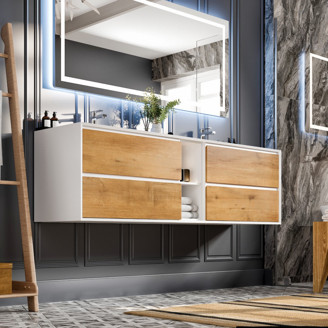 Vienna 75" WH Oak Wall Mount Double Sink Bath Vanity with Acrylic Top and Integrated Sinks