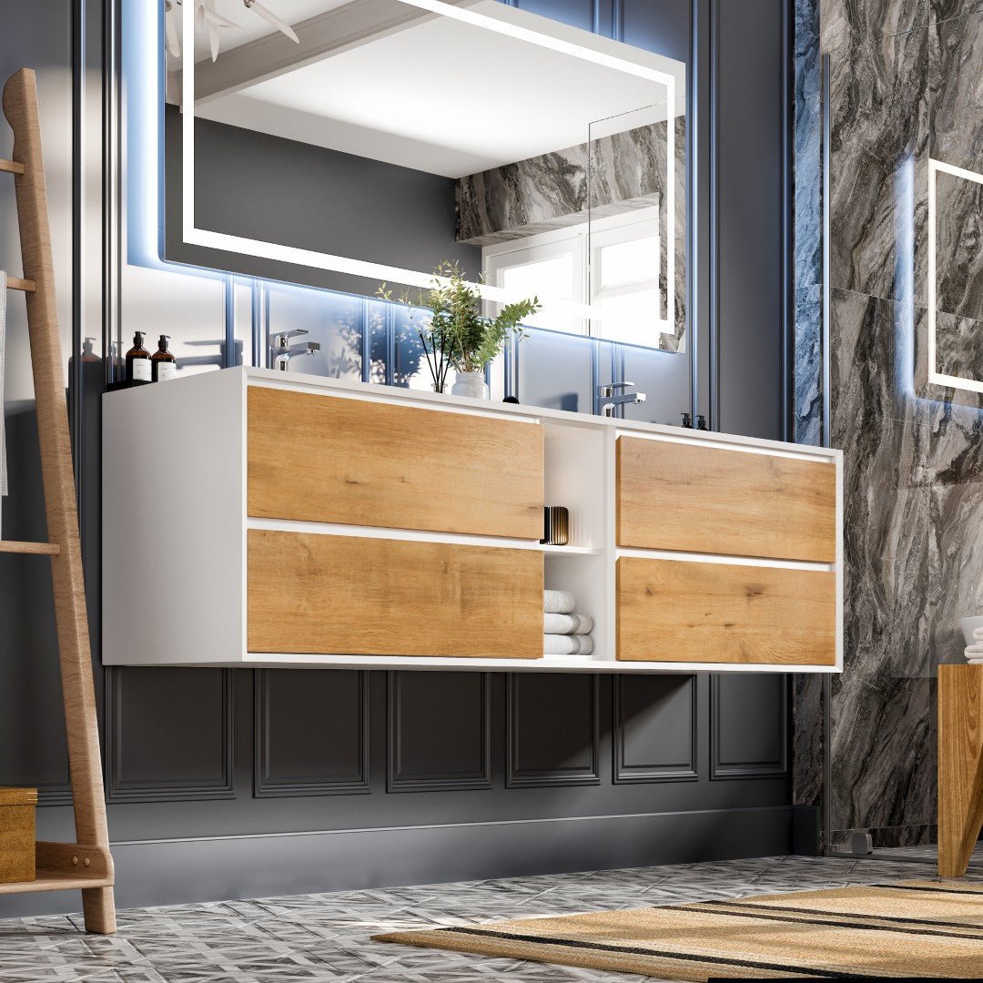 Vienna 75" WH Oak Wall Mount Double Sink Bath Vanity with Acrylic Top and Integrated Sinks - Bathroom Vanity by Eviva
