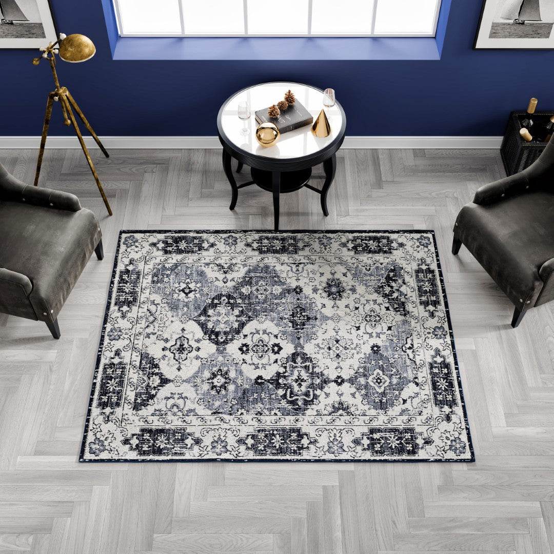 Eviva Mosaic 3' x 5' Damask Blue/Gray Rug