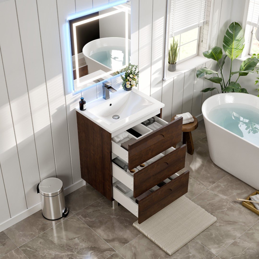 Joy 24 in. Rosewood Single Sink Freestanding Bath Vanity with Porcelain Top and Integrated Sink - Bathroom Vanity by Eviva