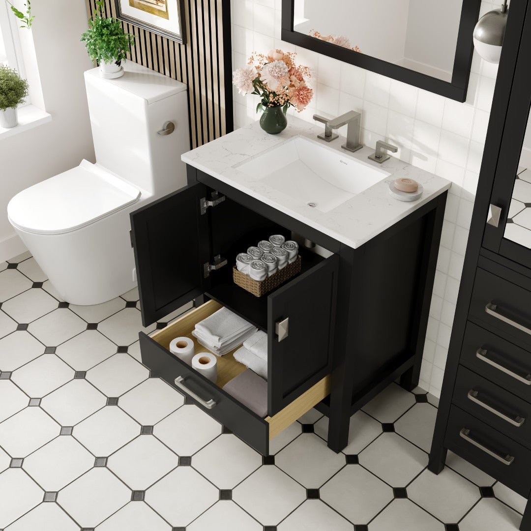 Aberdeen 30 in. Espresso Single Sink Bath Vanity with Carrara Quartz Top and Undermount Porcelain Sink - Bathroom Vanity by Eviva