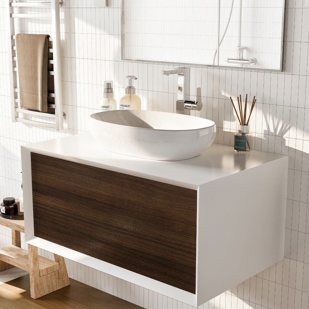 Santa Monica 36 in. Gray Oak Wall Mount Single Sink Bath Vanity with Acrylic Top and Vessel Solid Surface Sink - Bathroom Vanity by Eviva
