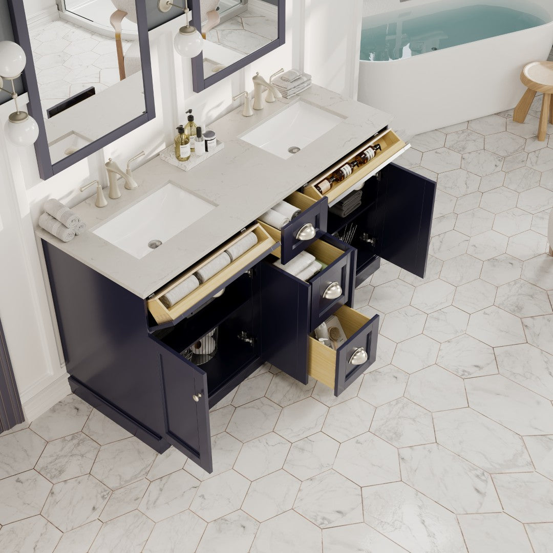 Epic 60 in. Charcoal Gray Double Sink  Bath Vanity with Carrara Quartz Top and Undermount Porcelain Sinks