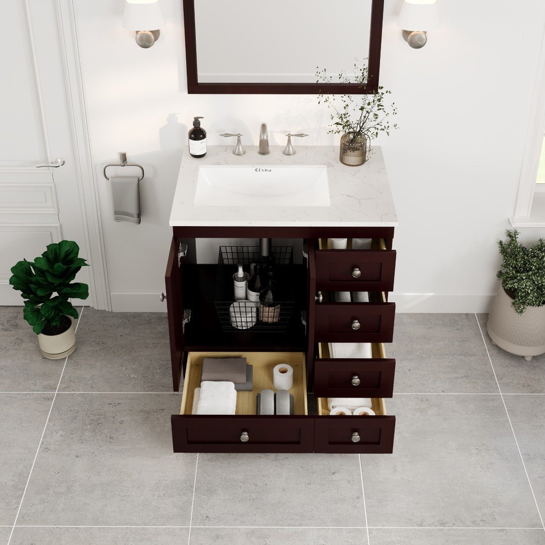 Acclaim 30 in. Teak Single Sink Bath Vanity with Carrara Quartz Top and Undermount Porcelain Sink - Bathroom Vanity by Eviva
