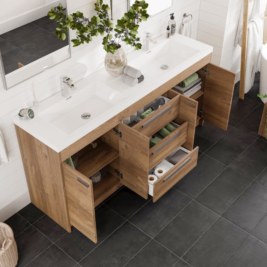 Lugano 72 in. Natural Oak Double Sink Freestanding Bath Vanity with Acrylic Top and Integrated Sinks - Bathroom Vanity by Eviva