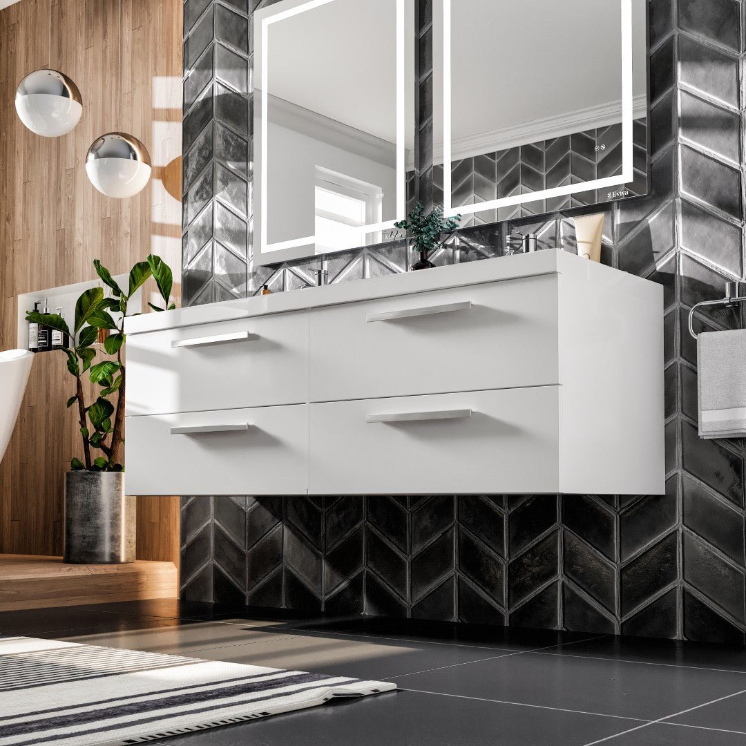 Surf 57 in. White Wall Mount Double Sink Bath Vanity with Acrylic Top and Integrated Sinks - Bathroom Vanity by Eviva
