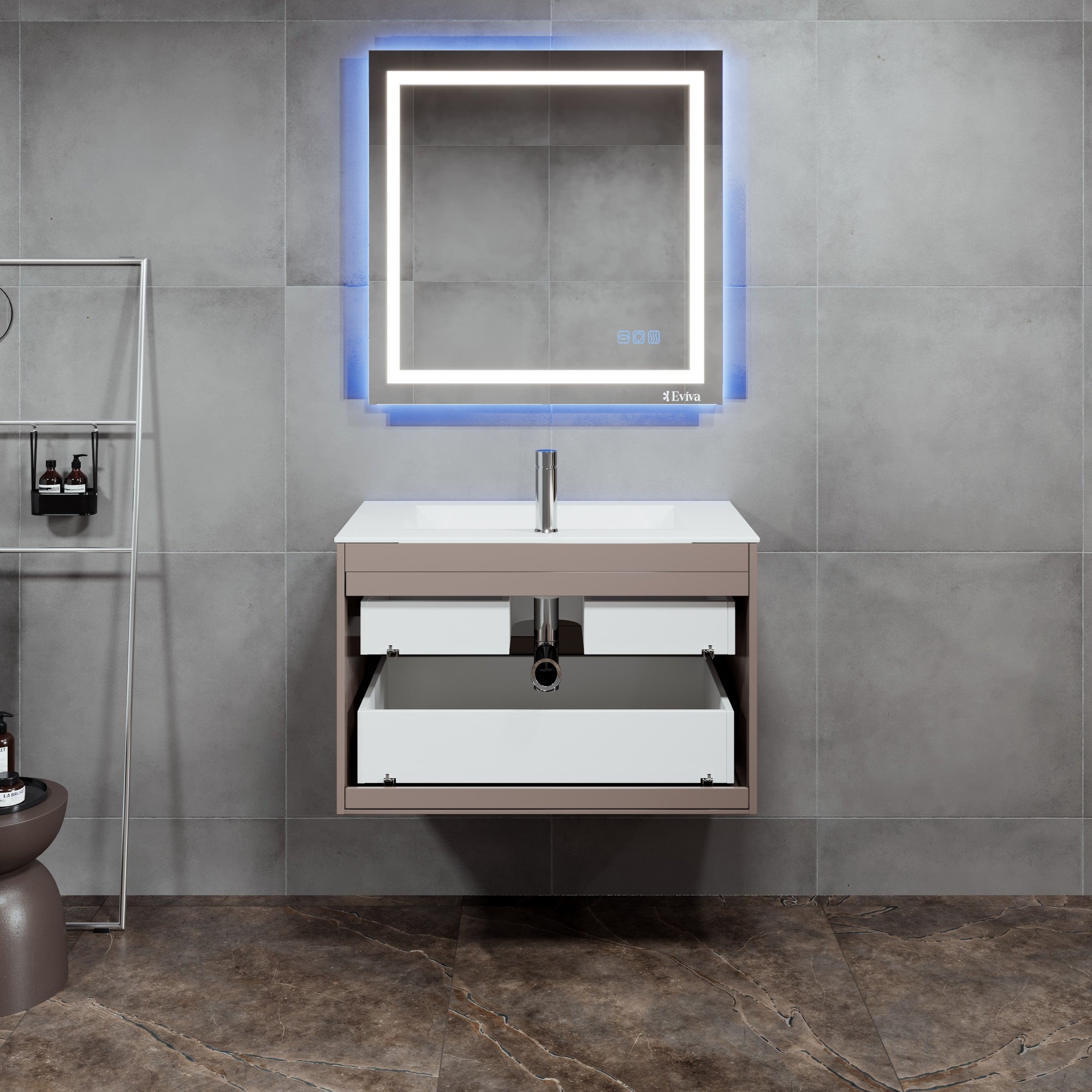 Ways 32 in. Mocha Wall Mount Single Sink Bath Vanity with Porcelain Top and Integrated Sink