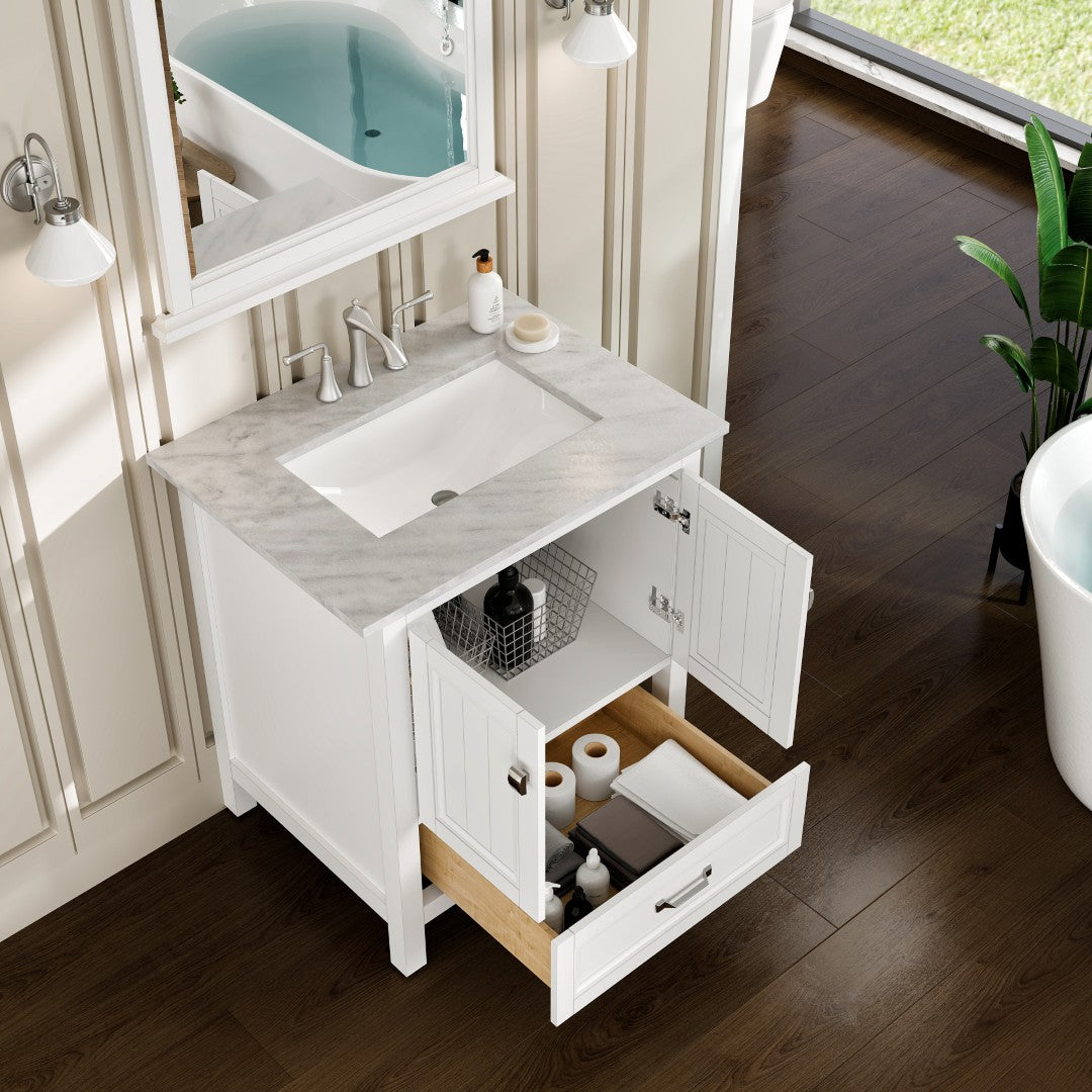 Eviva Britney 30 Inch Transitional White Bathroom Vanity with Carrera Marble Top