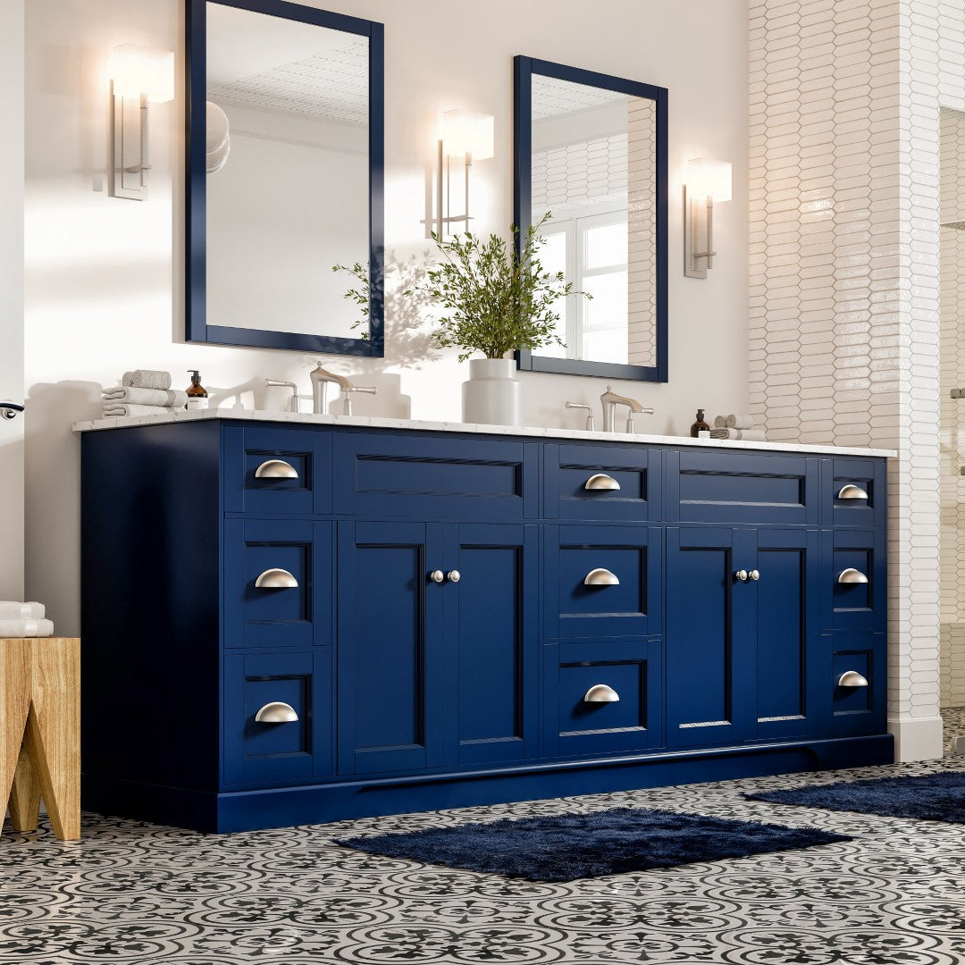 Epic 96 in. Blue Double Sink Bath Vanity with Carrara Quartz Top and Undermount Porcelain Sinks