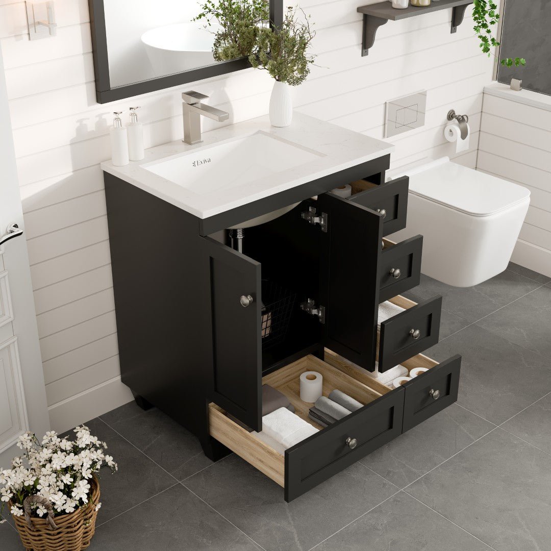 Happy 30 in. Espresso Single Sink Bath Vanity with Carrara Quartz Top and Undermount Porcelain Sink - Bathroom Vanity by Eviva
