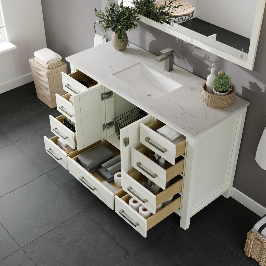 London 48 in. White Single Sink Bath Vanity with Carrara Quartz Top and Undermount Porcelain Sink - Bathroom Vanity by Eviva