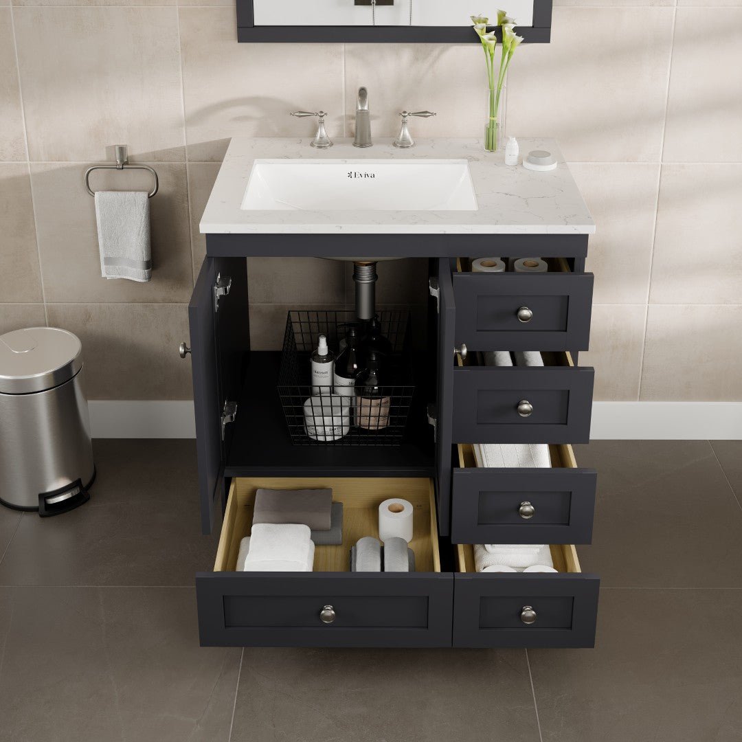 Acclaim 30 in. Dark Gray Single Sink Bath Vanity with Carrara Quartz Top and Undermount Porcelain Sink - Bathroom Vanity by Eviva