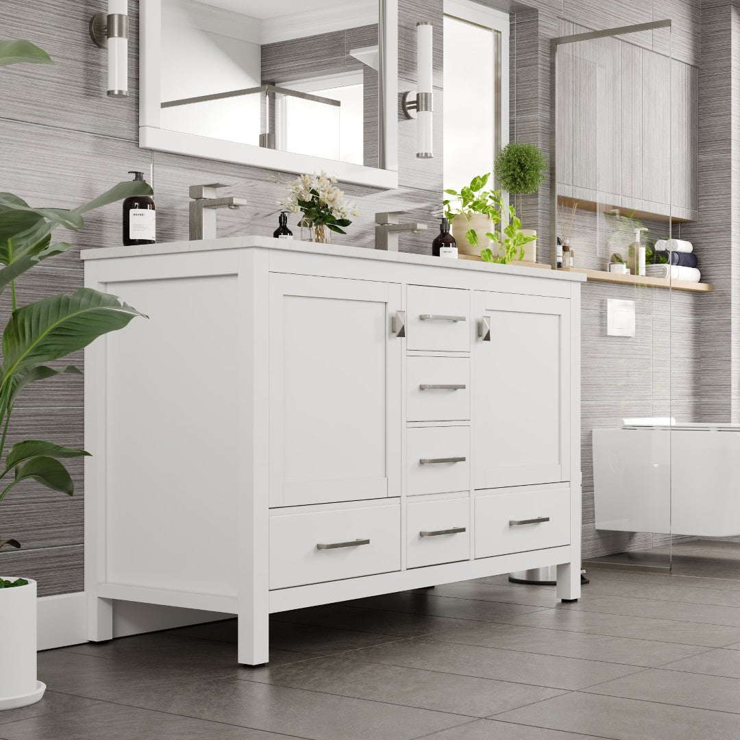 London 48 in. White Double Sink Bath Vanity with Carrara Quartz Top and Undermount Porcelain Sinks