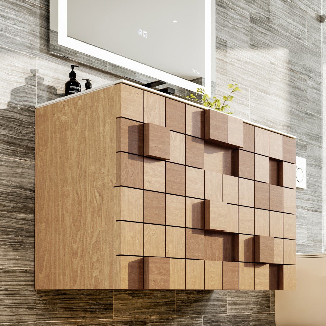 Mosaic 33 in. Natural Oak Wall Mount Single Sink Bath Vanity with Solid Surface Top and Integrated Sink - Bathroom Vanity by Eviva