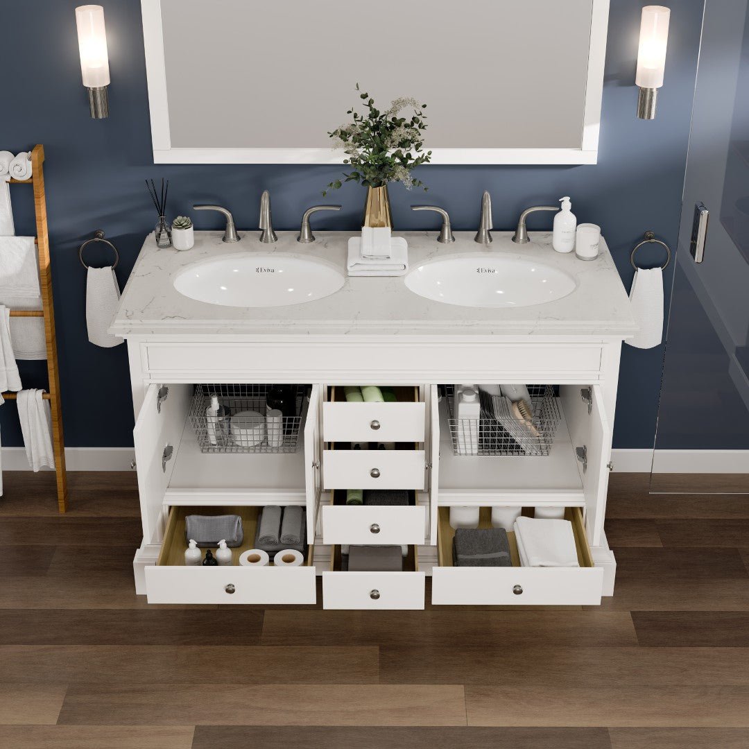 Elite Stamford 48 in. White Double Sink Bath Vanity with Carrara Quartz Top and Undermount Porcelain Sinks - Bathroom Vanity by Eviva