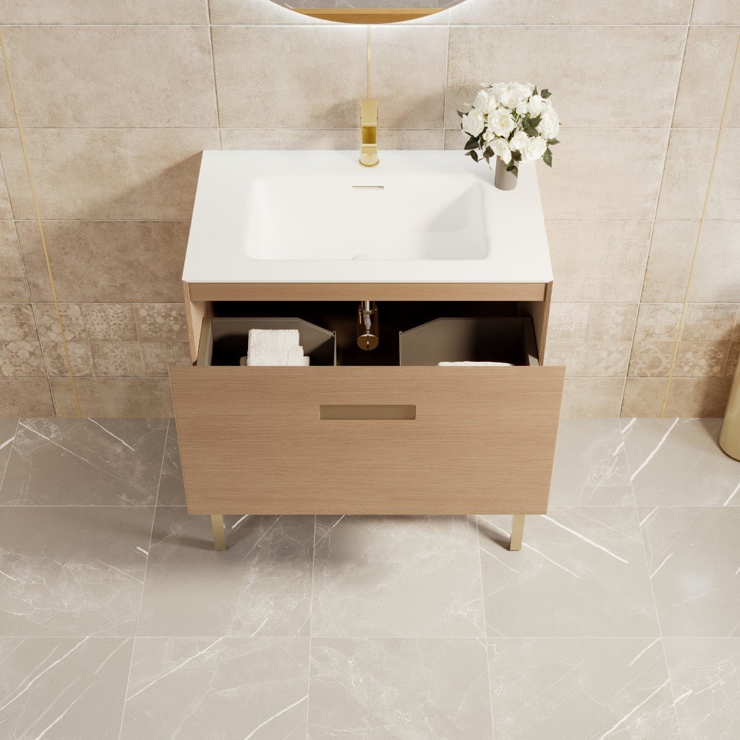 Iris 30 in. Natural Oak Single Sink Bath Vanity with Solid Surface Top and Integrated Sink - Bathroom Vanity by Eviva