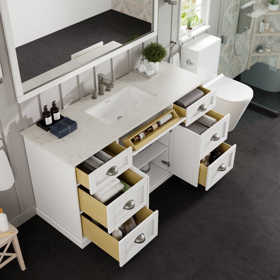 Epic 60 in. White Single Sink Bath Vanity with Carrara Quartz Top and Undermount Porcelain Sink - Bathroom Vanity by Eviva