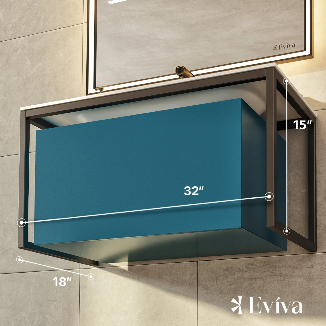 Modena 32 in. Blue Wall Mount Single Sink Bath Vanity with Solid Surface Top and Integrated Sink