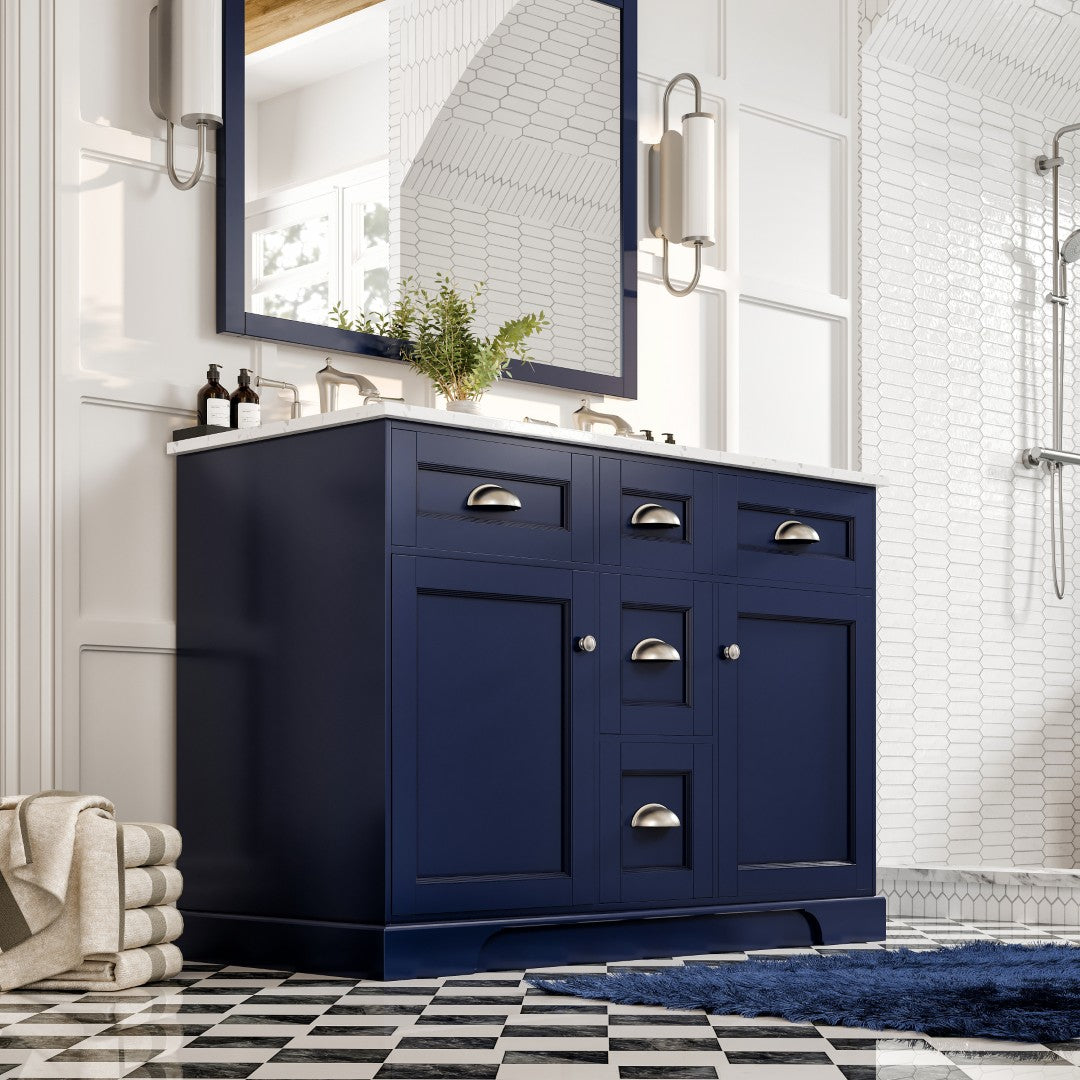 Epic 48 in. Blue Double Sink Bath Vanity with Carrara Quartz Top and Undermount Porcelain Sinks