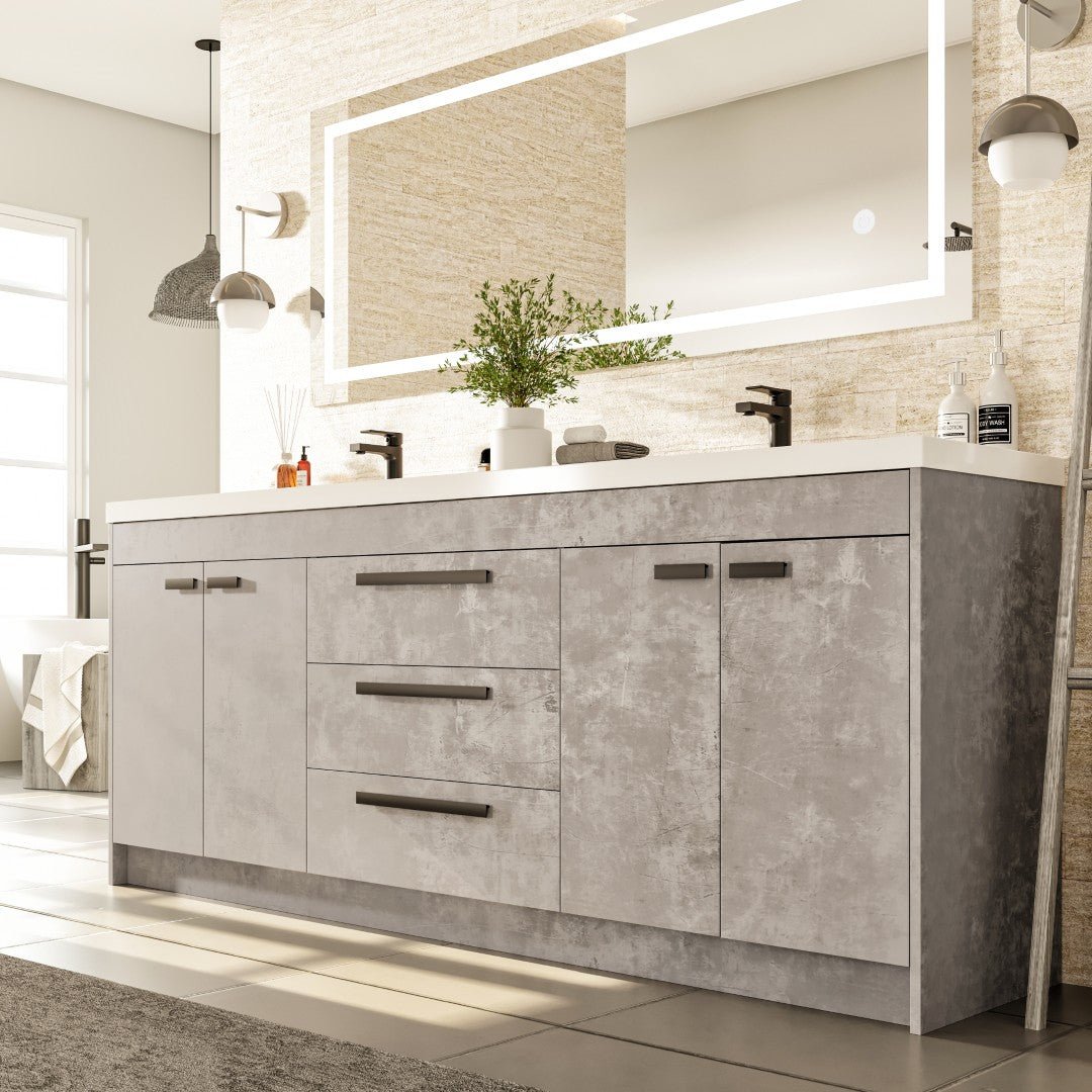 Lugano 84 in. Concrete Gray Double Sink Bath Vanity with Acrylic Top and Integrated Sinks - Bathroom Vanity by Eviva