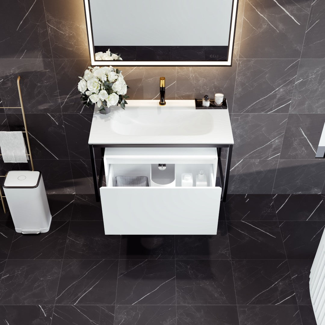 Modena 32 in. White Wall Mount Single Sink Bath Vanity with Solid Surface Top and Integrated Sink