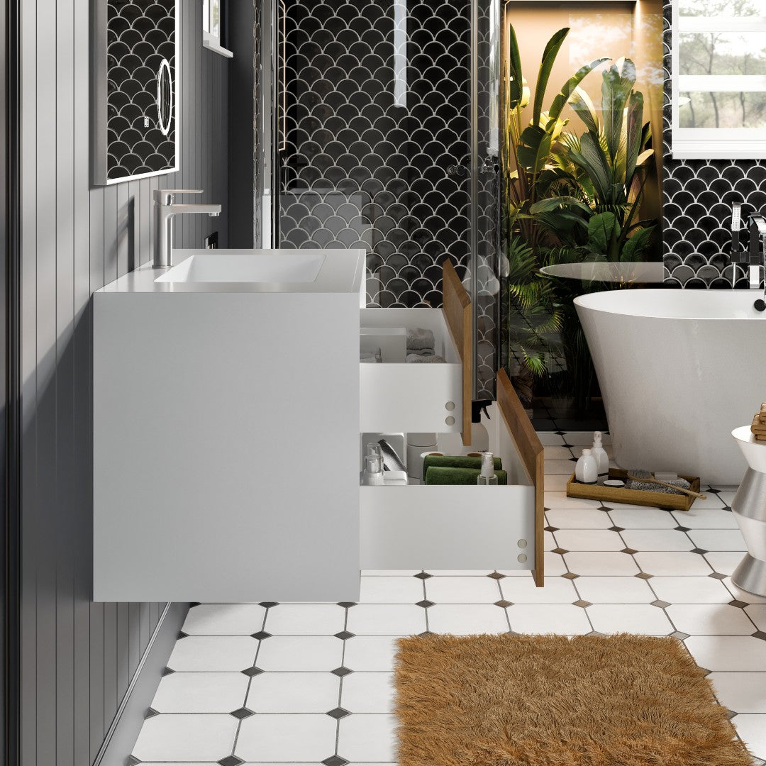Vienna 36" WH Oak Wall Mount Single Sink Bath Vanity with Acrylic Top and Integrated Sink