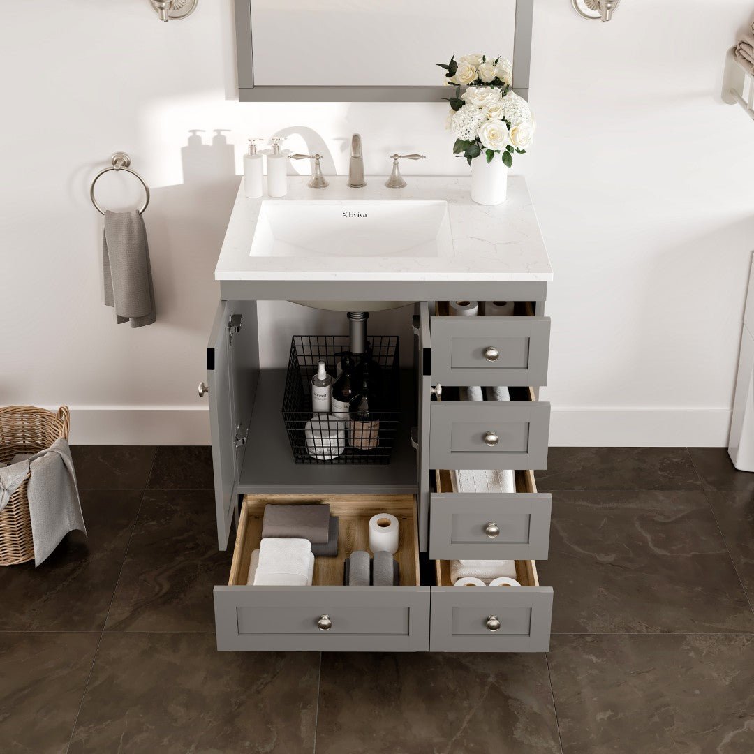 Acclaim 28 in. Gray Single Sink Bath Vanity with Carrara Quartz Top and Undermount Porcelain Sink - Bathroom Vanity by Eviva