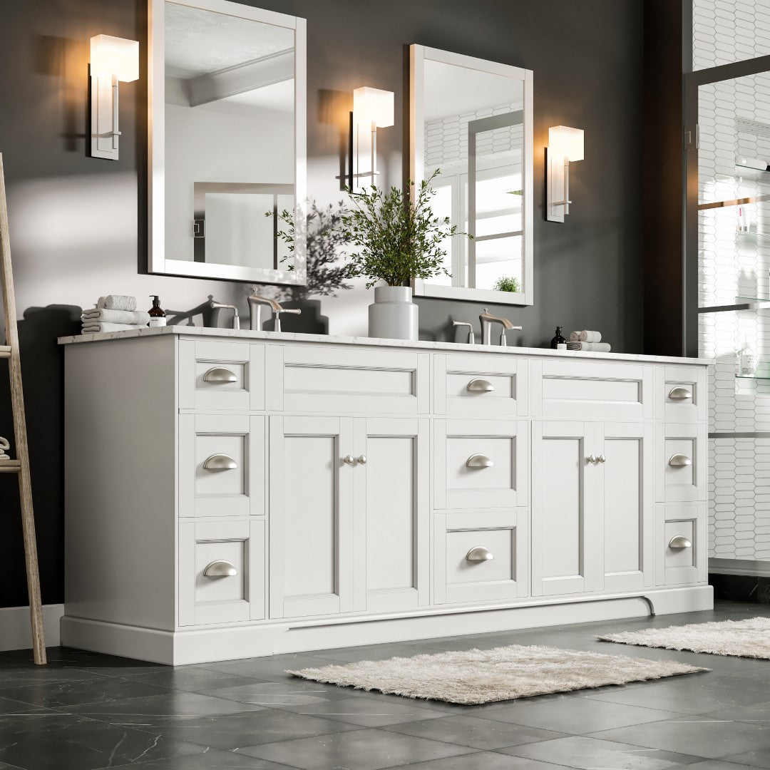 Epic 96 in. White Double Sink Bath Vanity with Carrara Quartz Top and Undermount Porcelain Sinks