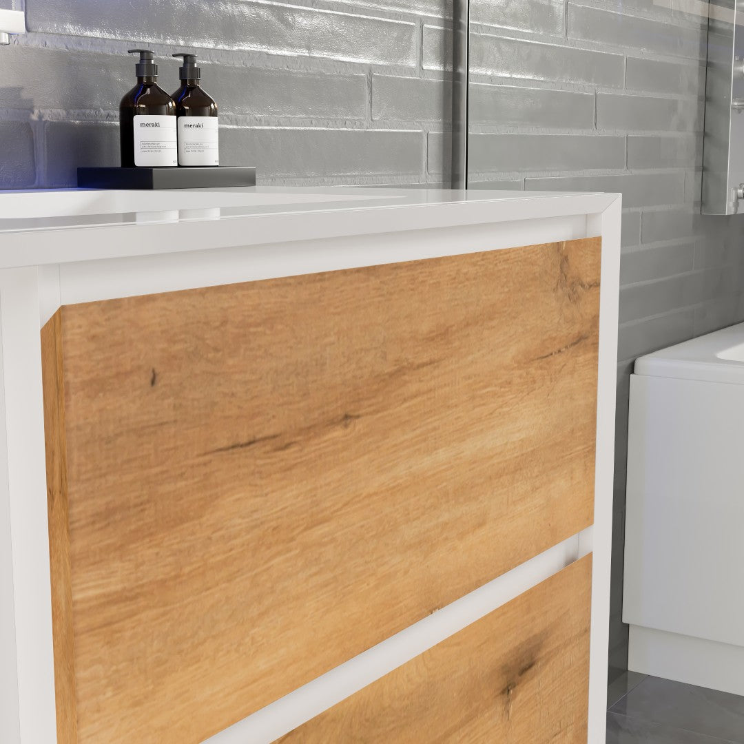 Vienna 60" WH Oak Wall Mount Double Sink Bath Vanity with Acrylic Top and Integrated Sinks