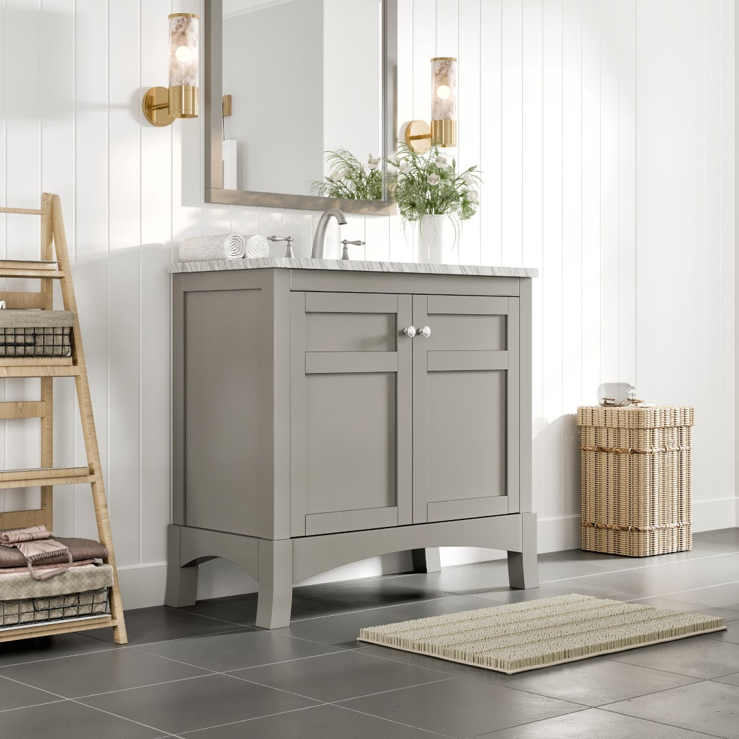 New York 36 in. Gray Single Sink Bath Vanity with Carrara Marble Top and Undermount Porcelain Sink