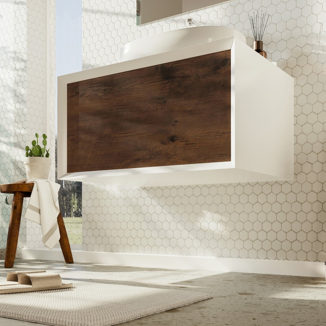 Santa Monica 30 in. Rosewood Wall Mount Single Sink Bath Vanity with Acrylic Top and Vessel Solid Surface Sink