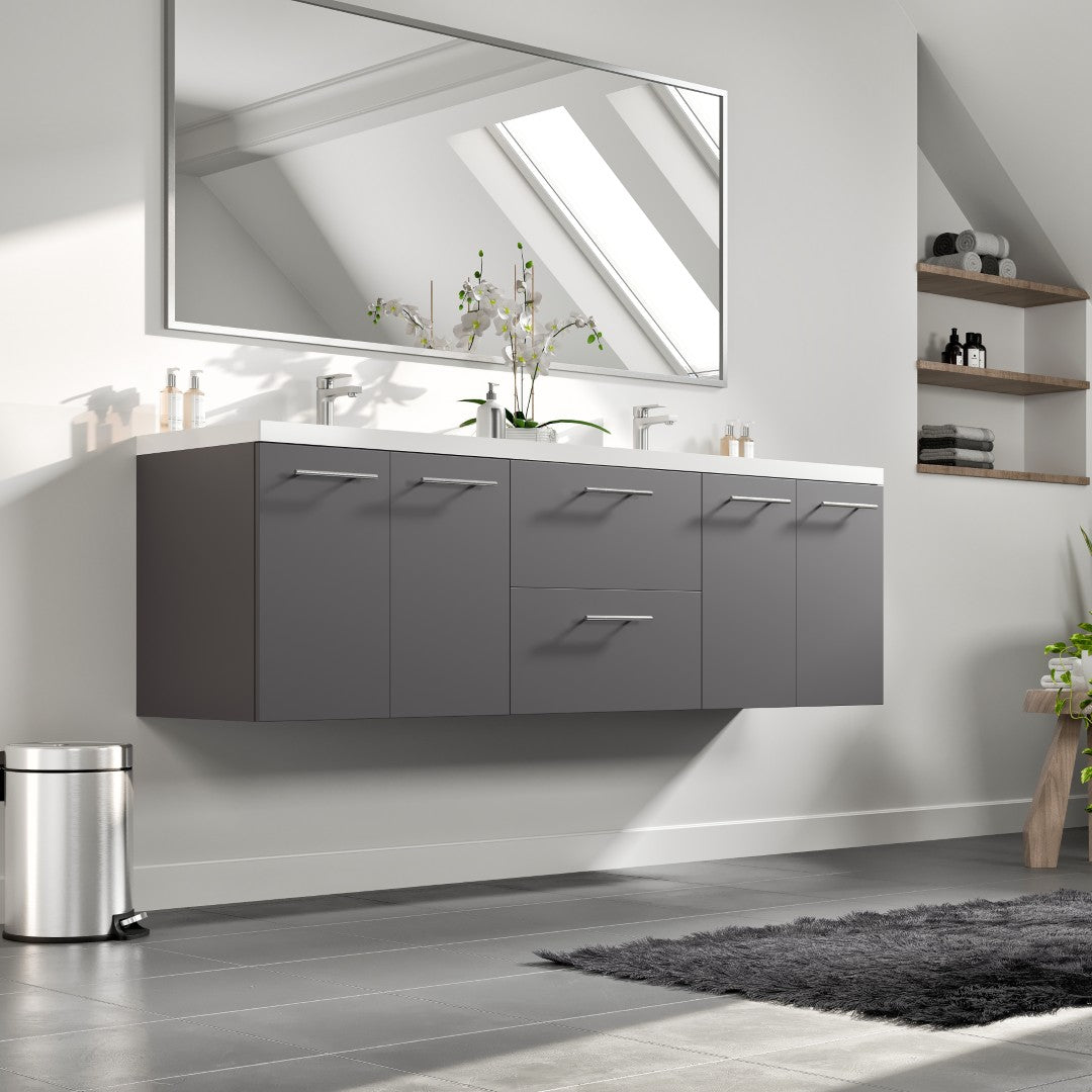 Axis 72 in. Gray Wall Mount Double Sink Bath Vanity with Acrylic Top and Integrated Sinks