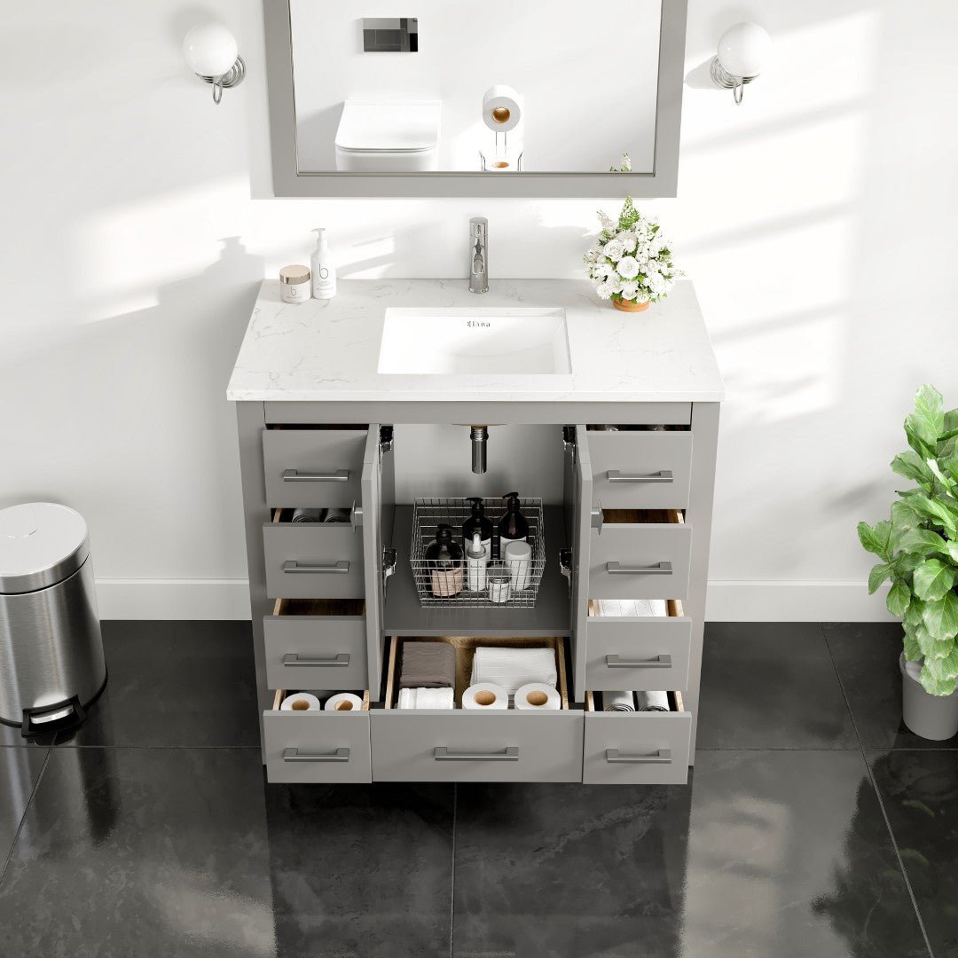 Hampton 36" x 18" Gray Single Sink Bath Vanity with Carrara Quartz Top and Undermount Porcelain Sink - Bathroom Vanity by Eviva