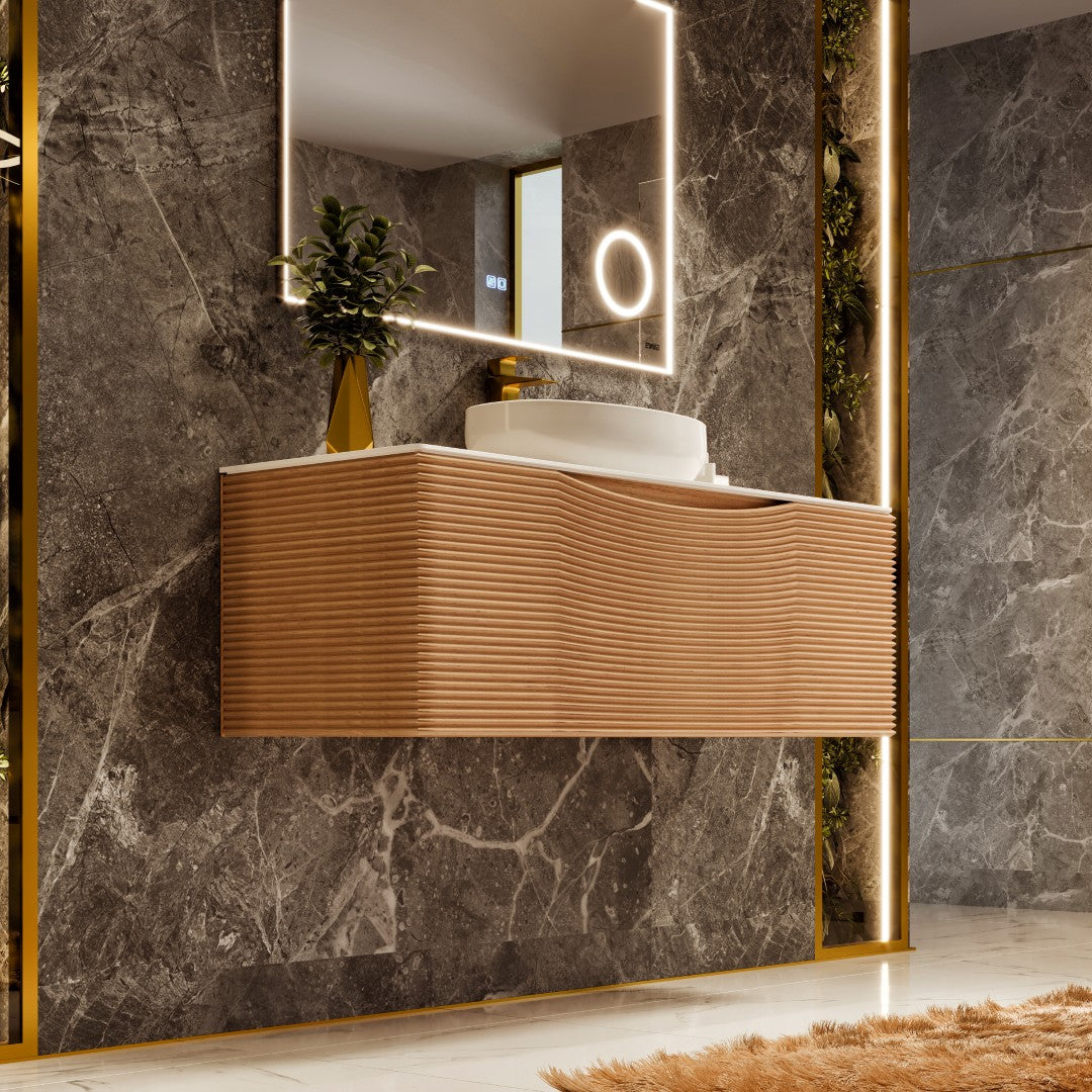 Leah 32 in. Medium Oak Wall Mount Single Sink Bath Vanity with Solid Surface Top and Vessel Solid Surface Sink