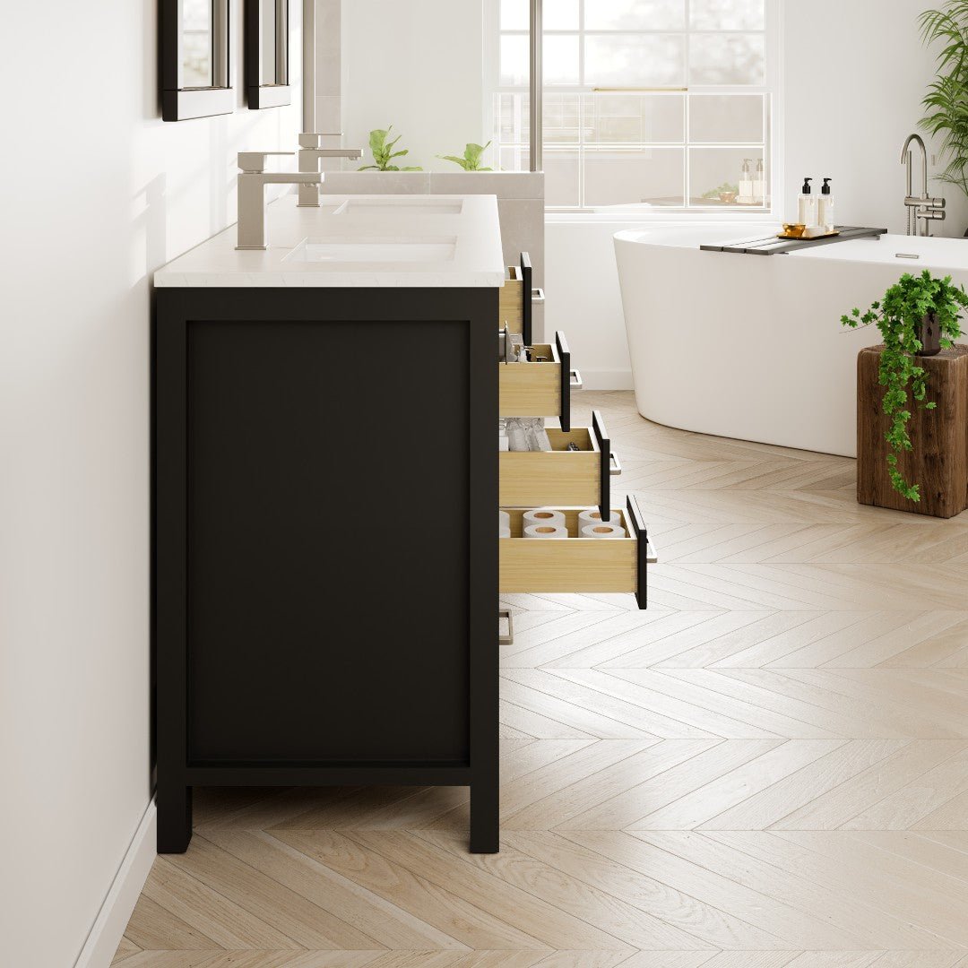 London 60 in. Espresso Double Sink Bath Vanity with Carrara Quartz Top and Undermount Porcelain Sinks - Bathroom Vanity by Eviva