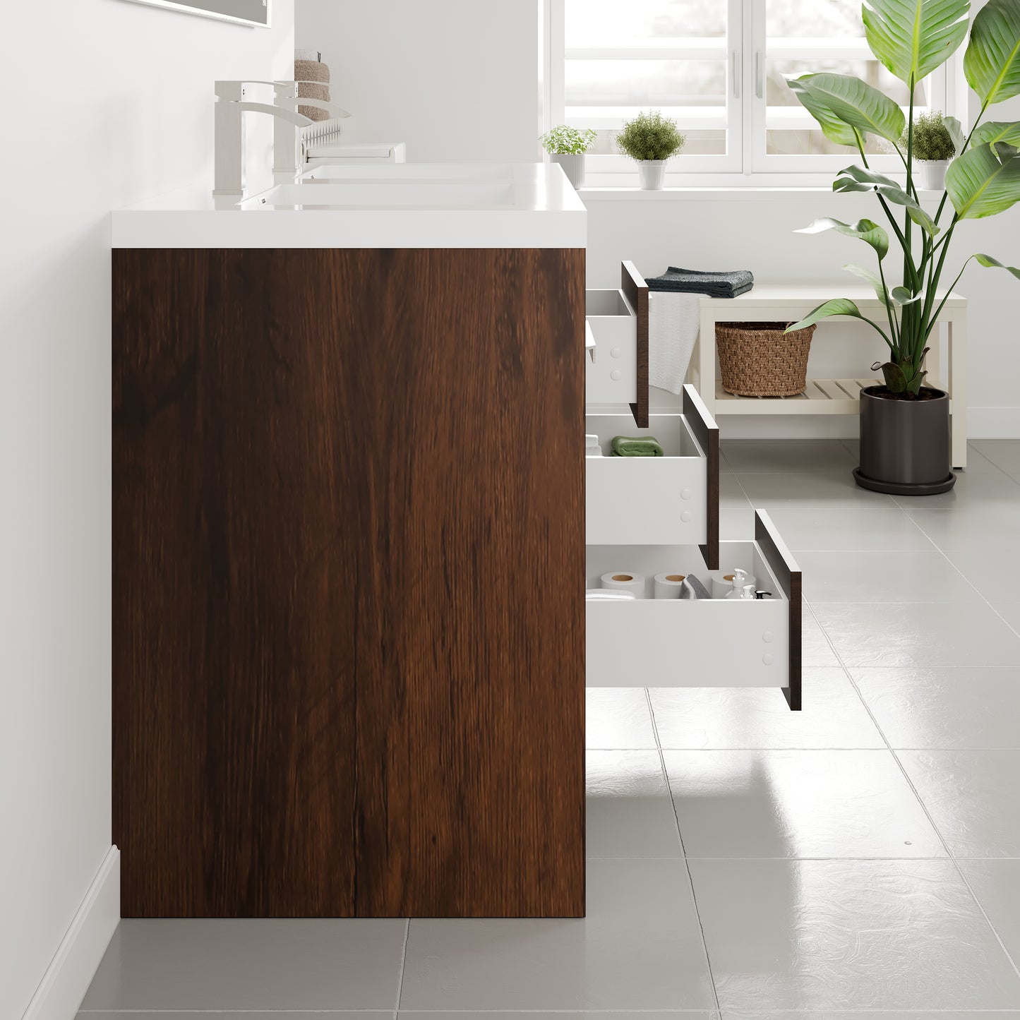 Lugano 48"W x 20"D Rosewood Double Sink Bathroom Vanity with Acrylic Countertop and Integrated Sink