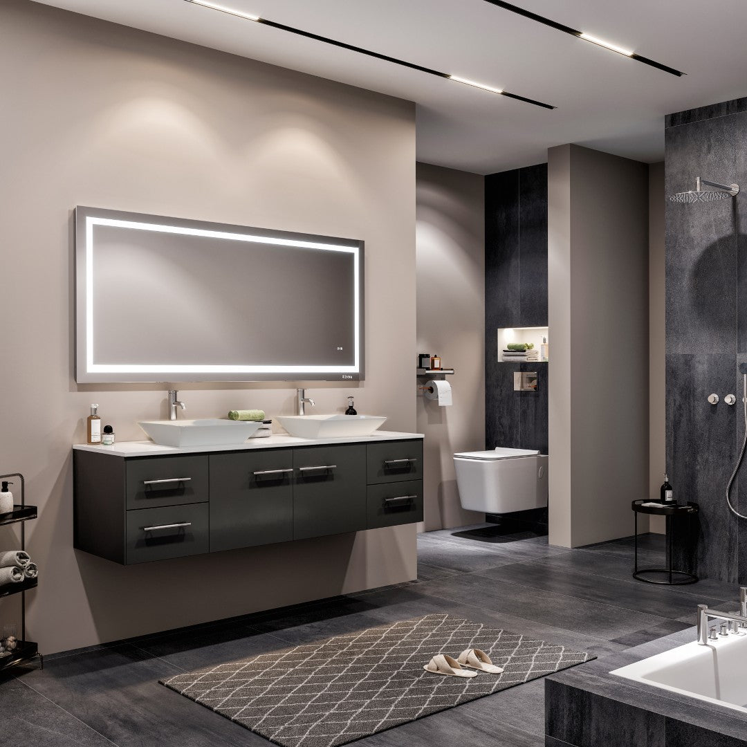 Wave 72 in. Espresso Wall Mount Double Sink Bath Vanity with White Quartz Top and Vessel Porcelain Sinks