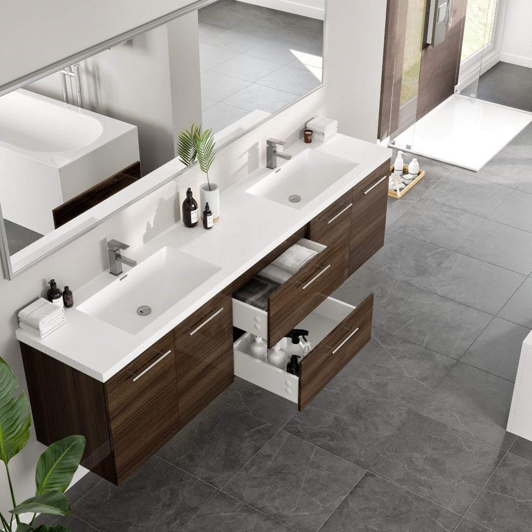 Lumina 84 in. Gray Oak Wall Mount Double Sink Bath Vanity with Acrylic Top and Integrated Sinks