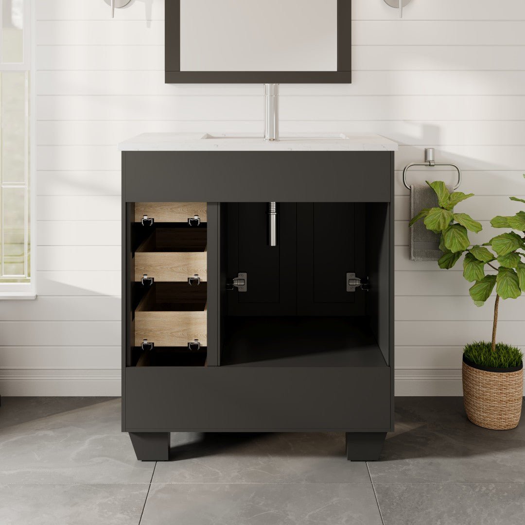 Happy 28 in. Espresso Single Sink Bath Vanity with Carrara Quartz Top and Undermount Porcelain Sink - Bathroom Vanity by Eviva