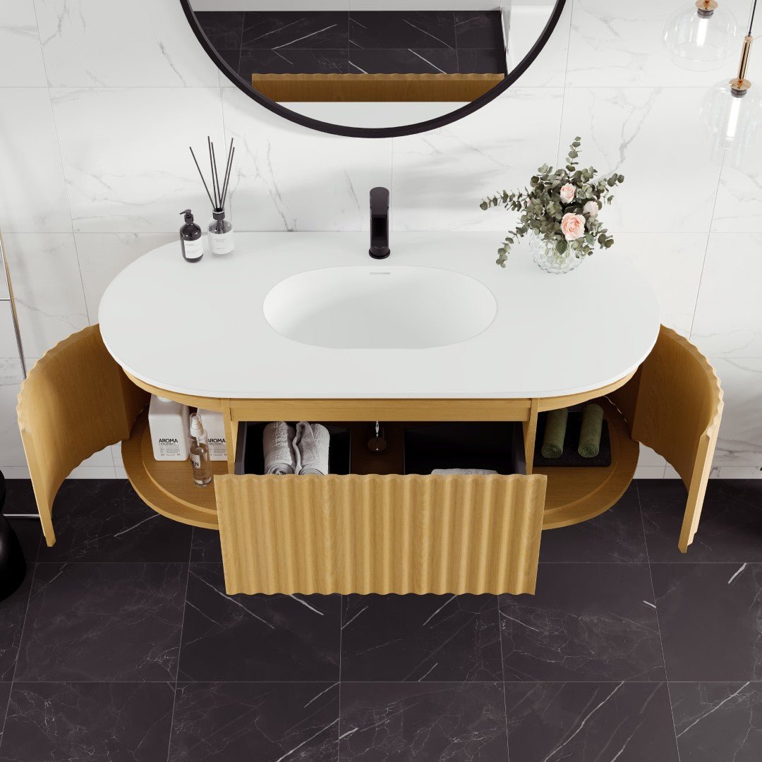 Haven 48 in. Natural Oak Wall Mount Single Sink Bath Vanity with Solid Surface Top and Integrated Sink - Bathroom Vanity by Eviva